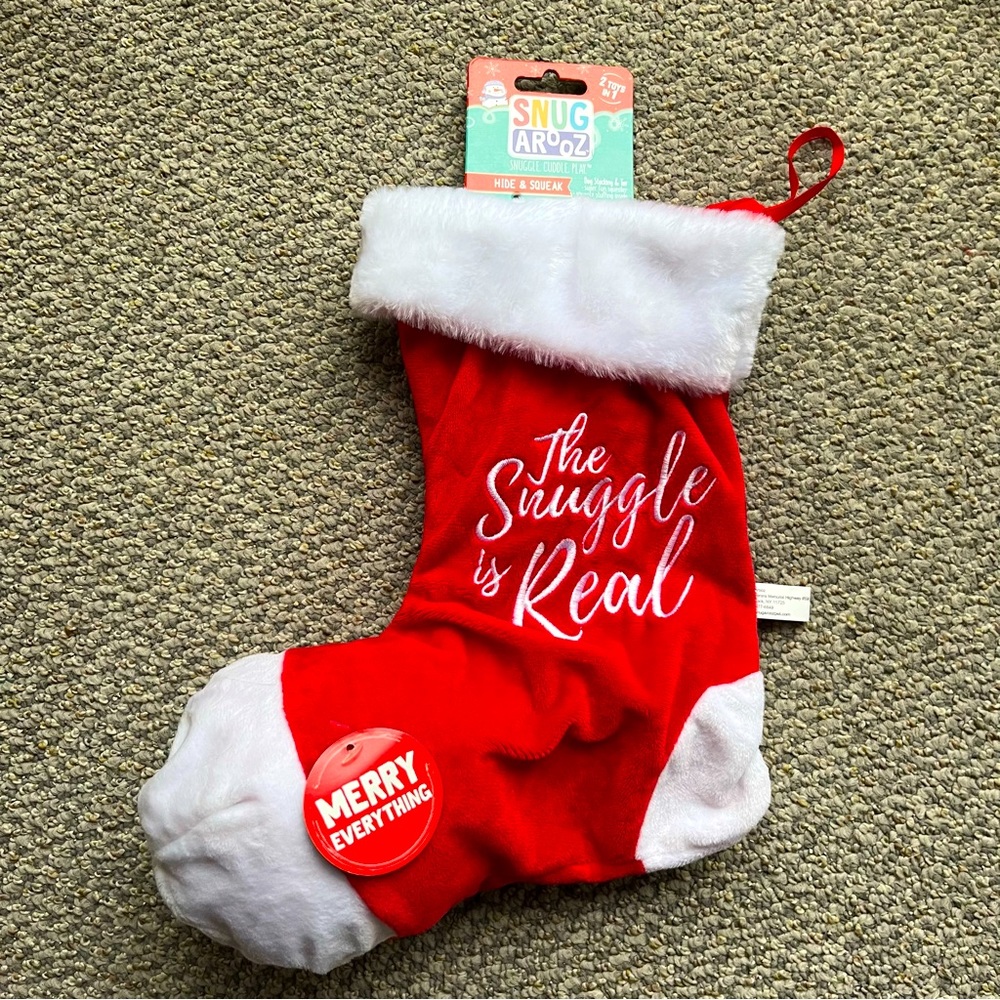 NWT The Snuggle is Real Dog Christmas Holiday Stocking & Squeaker Toy, Red